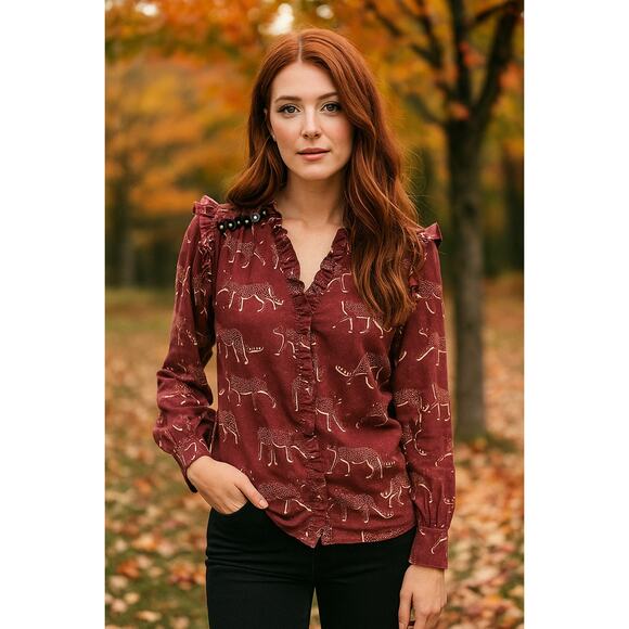 Sheridan French Embellished Aubergine Cheetah Ruffle Long Sleeve Blouse Medium - Picture 1 of 12